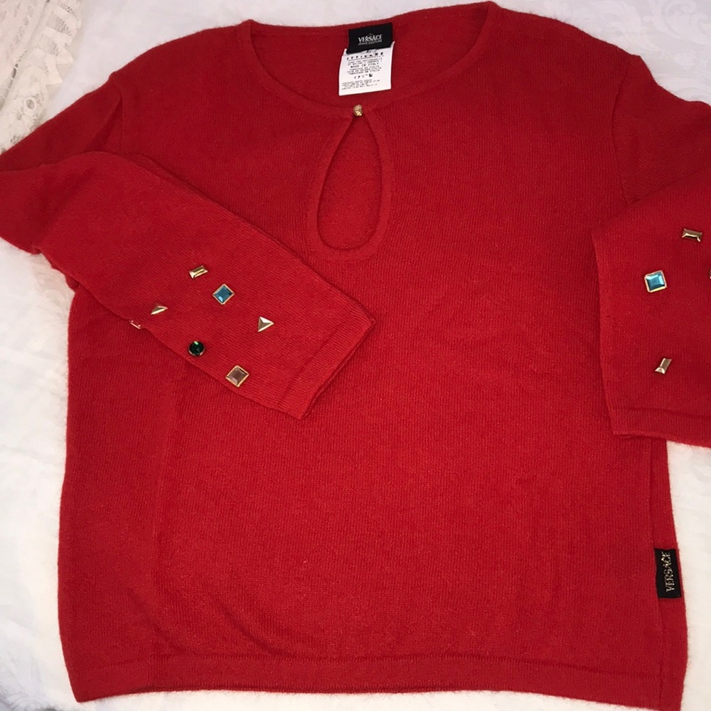 Versace Jeans Couture vintage red sweater with jeweled sleeves